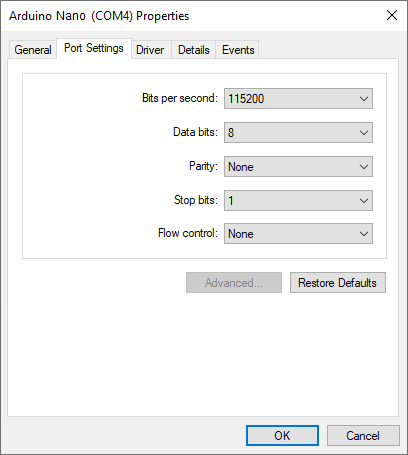 Port Settings of Arduino Nano in Windows Device Manager