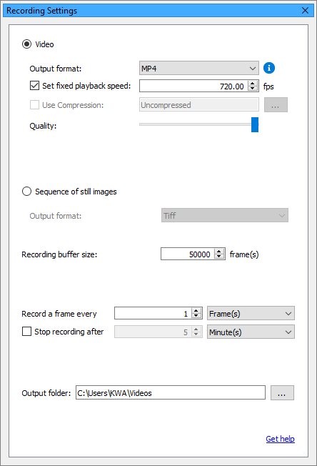 Recording Settings pane in pylon Viewer